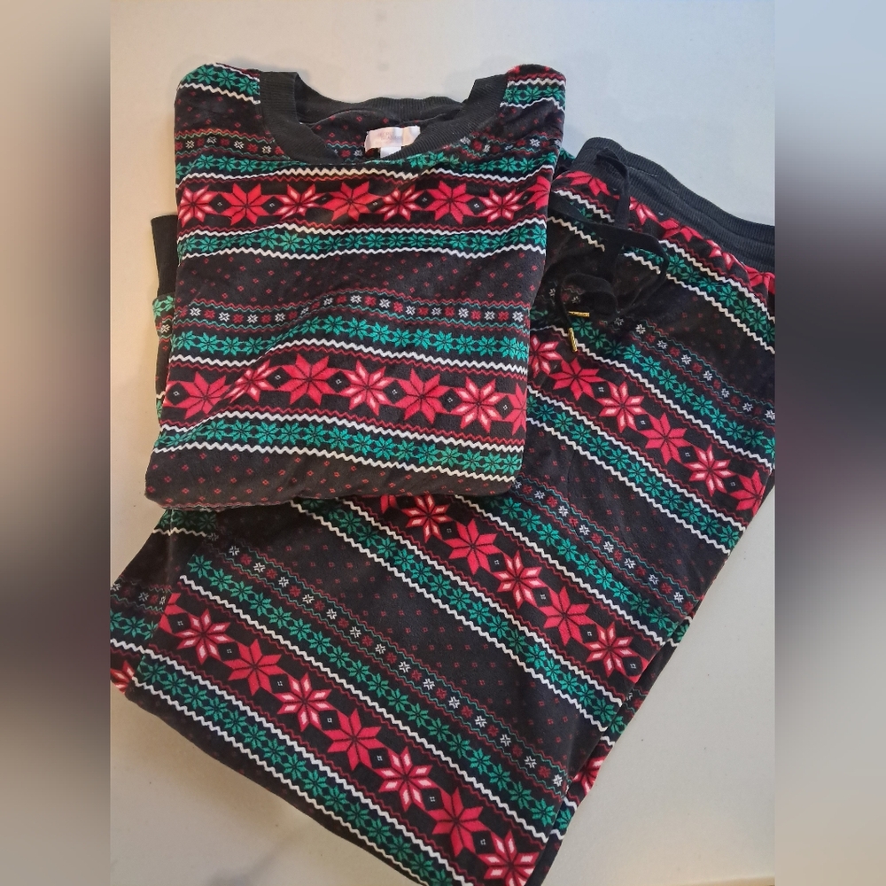 2 Piece PJ SET L 12/14 ladies fleece festive pattern joggers pajama 2 piece set
